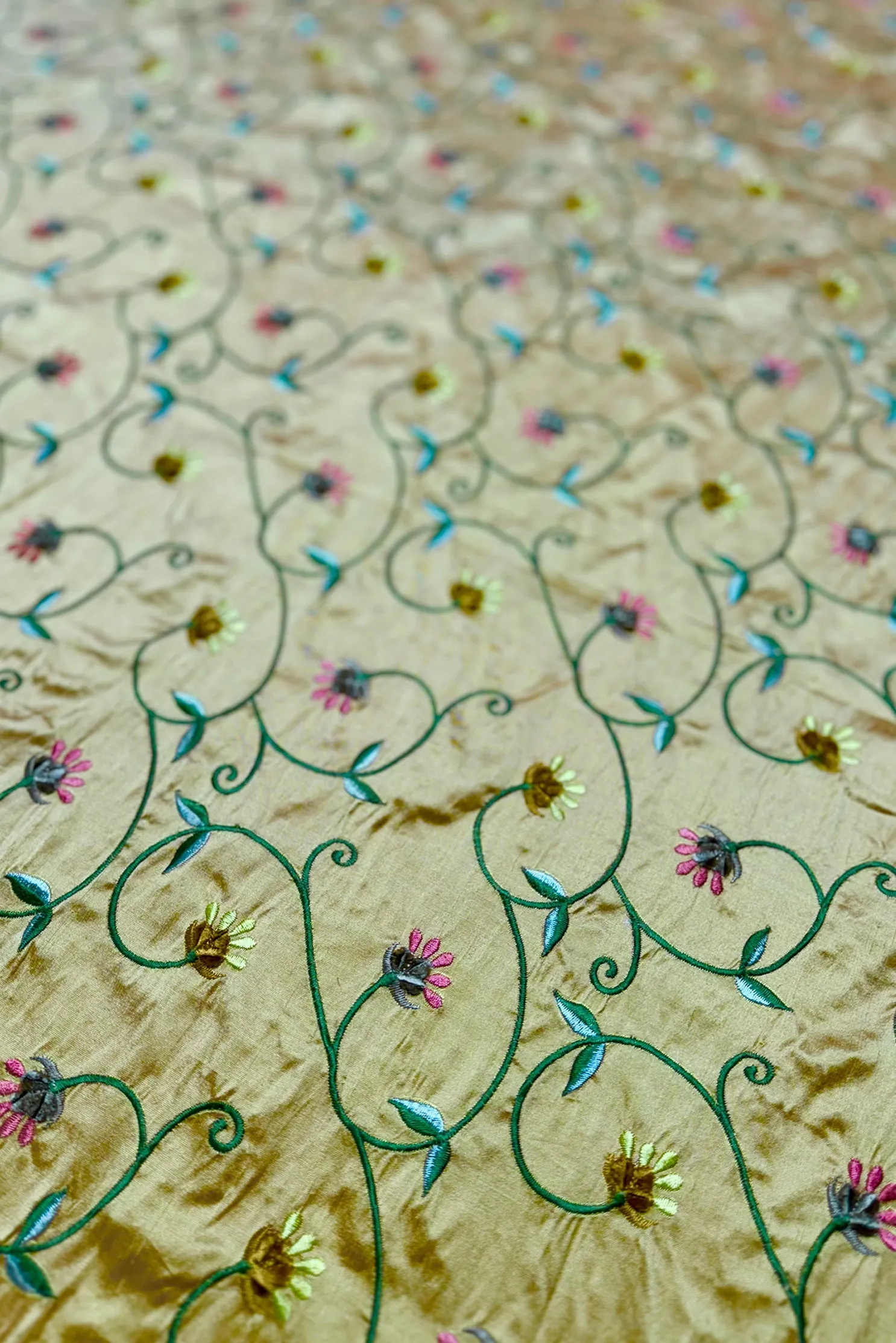 Yellow Gold/Multicolor Embroidered Dupioni Silk MED-213/2