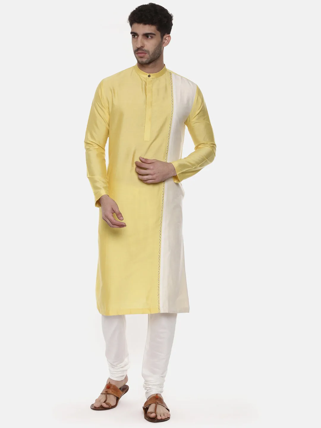 Yellow Ivory Embroidered Silk Kurta  - MMK0438