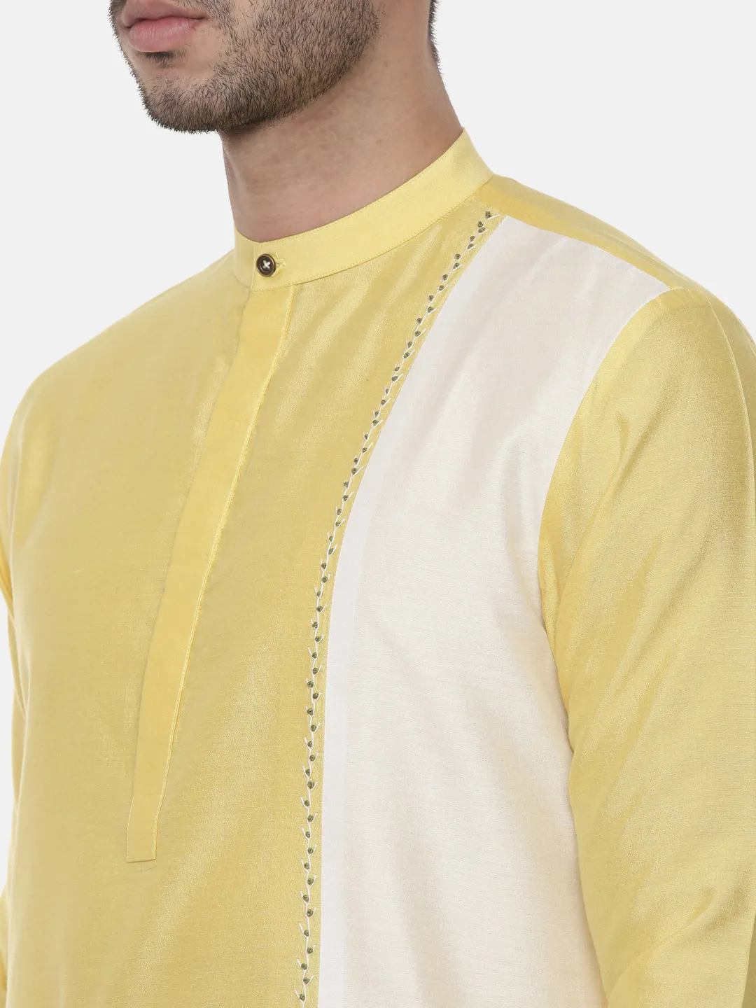 Yellow Ivory Embroidered Silk Kurta  - MMK0438