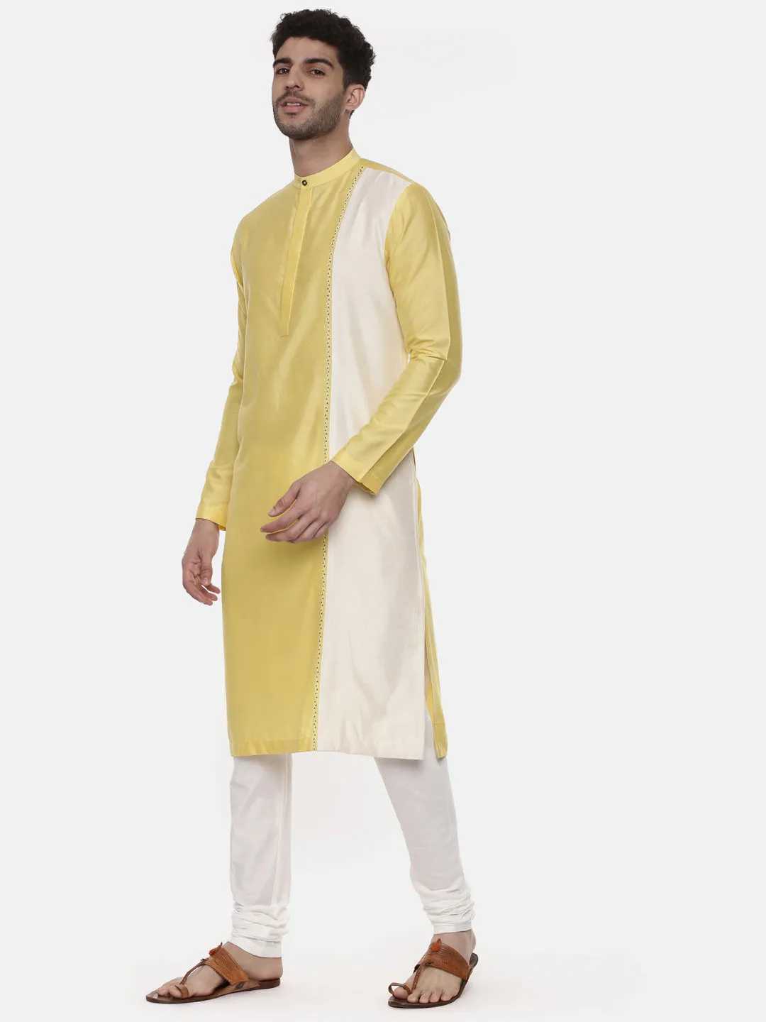 Yellow Ivory Embroidered Silk Kurta  - MMK0438