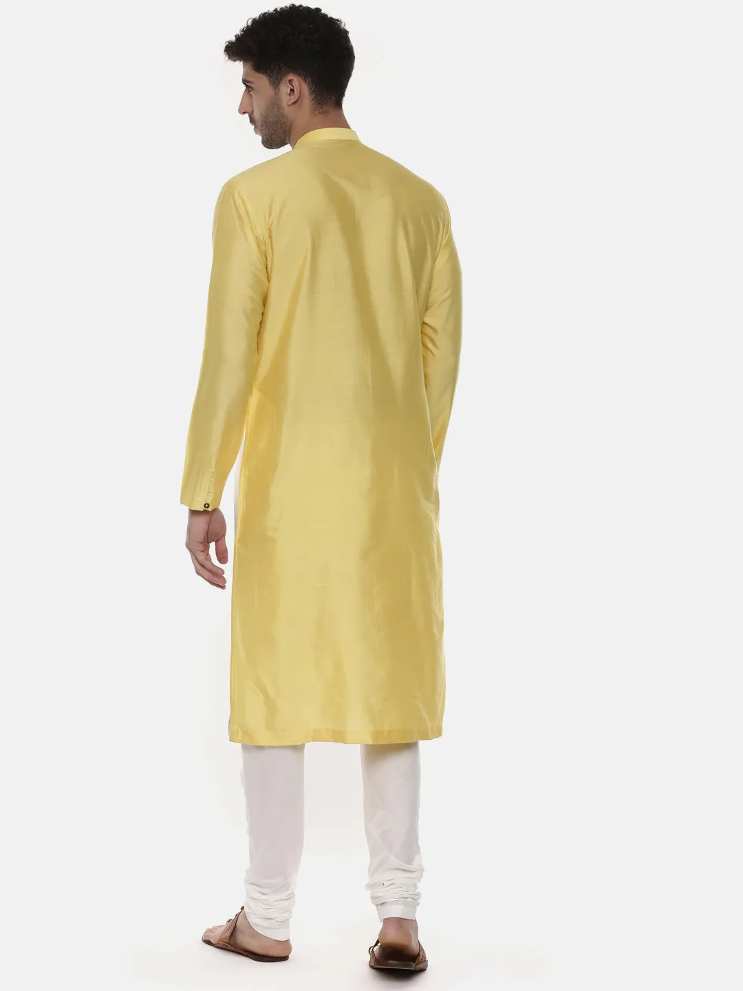 Yellow Ivory Embroidered Silk Kurta  - MMK0438