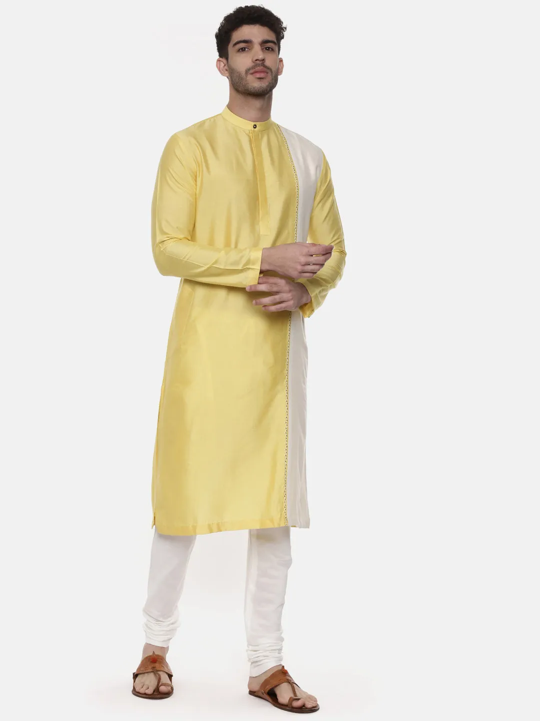 Yellow Ivory Embroidered Silk Kurta  - MMK0438
