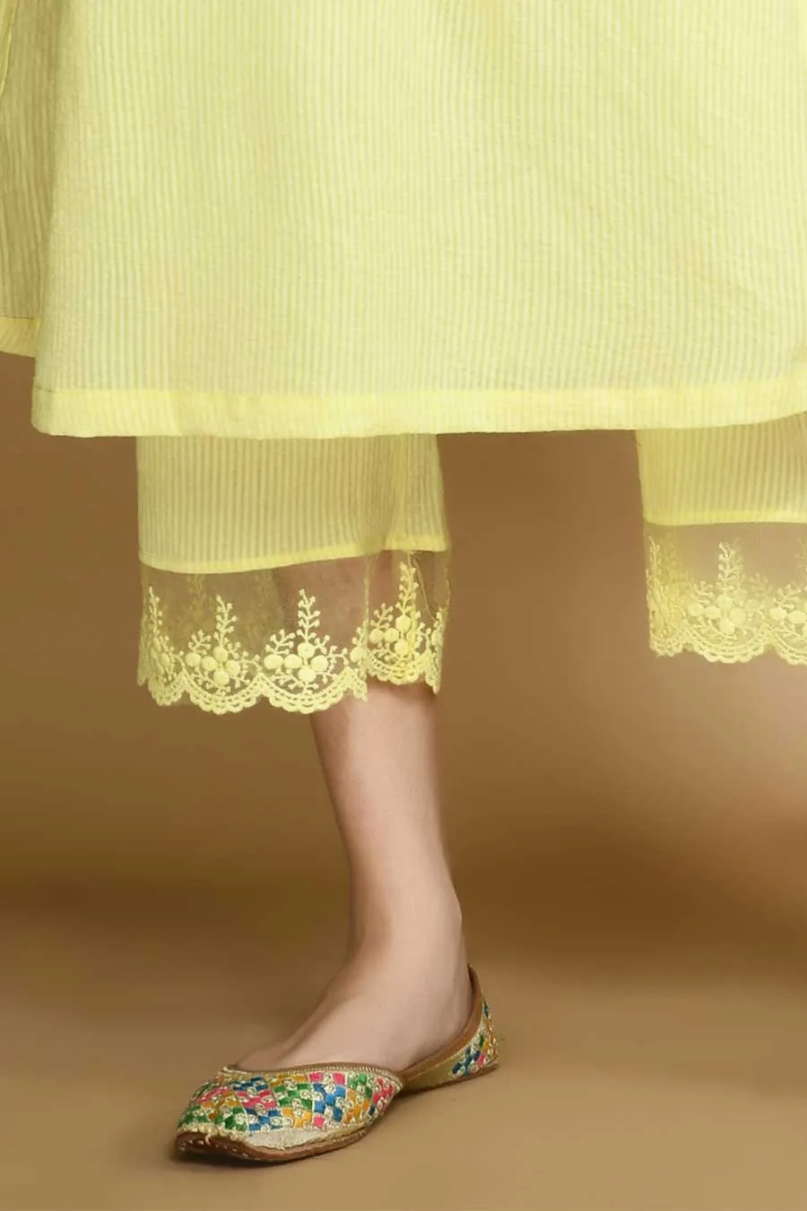 Yellow Striped Kurta Set with Organza Stole