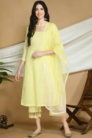 Yellow Striped Kurta Set with Organza Stole