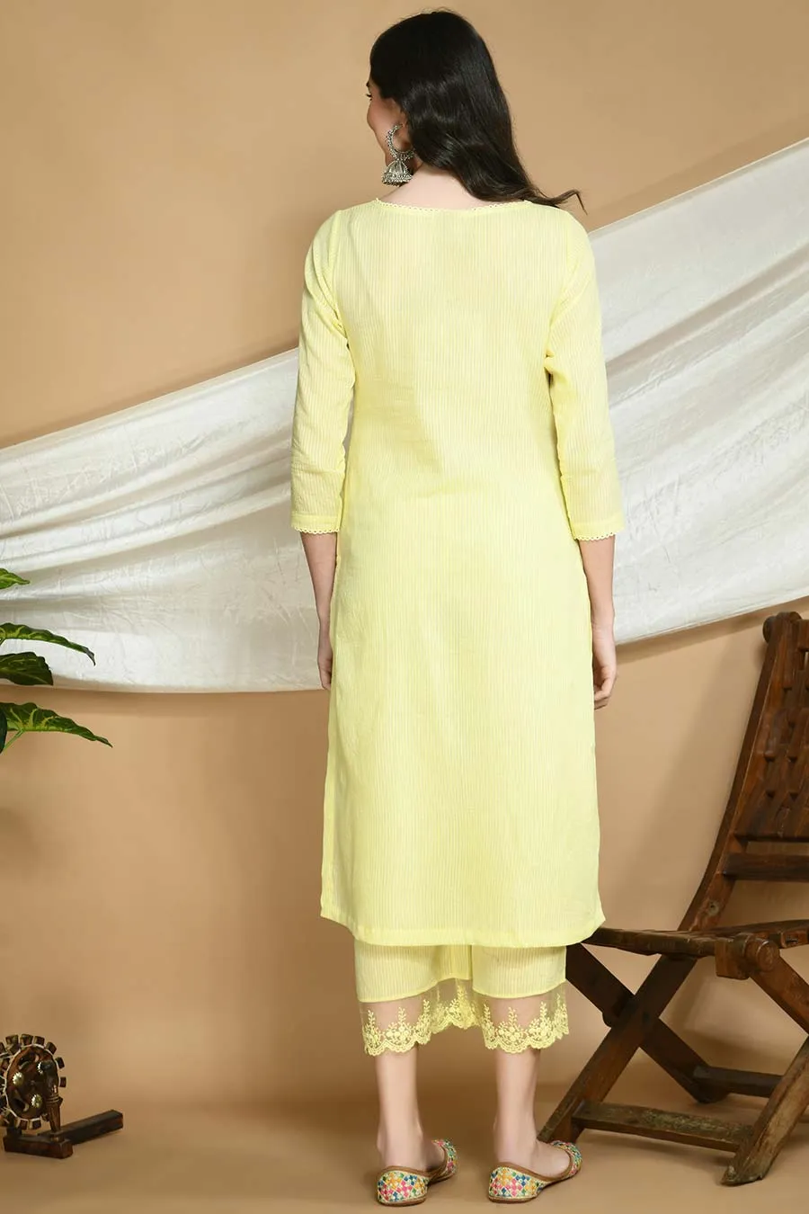 Yellow Striped Kurta Set with Organza Stole
