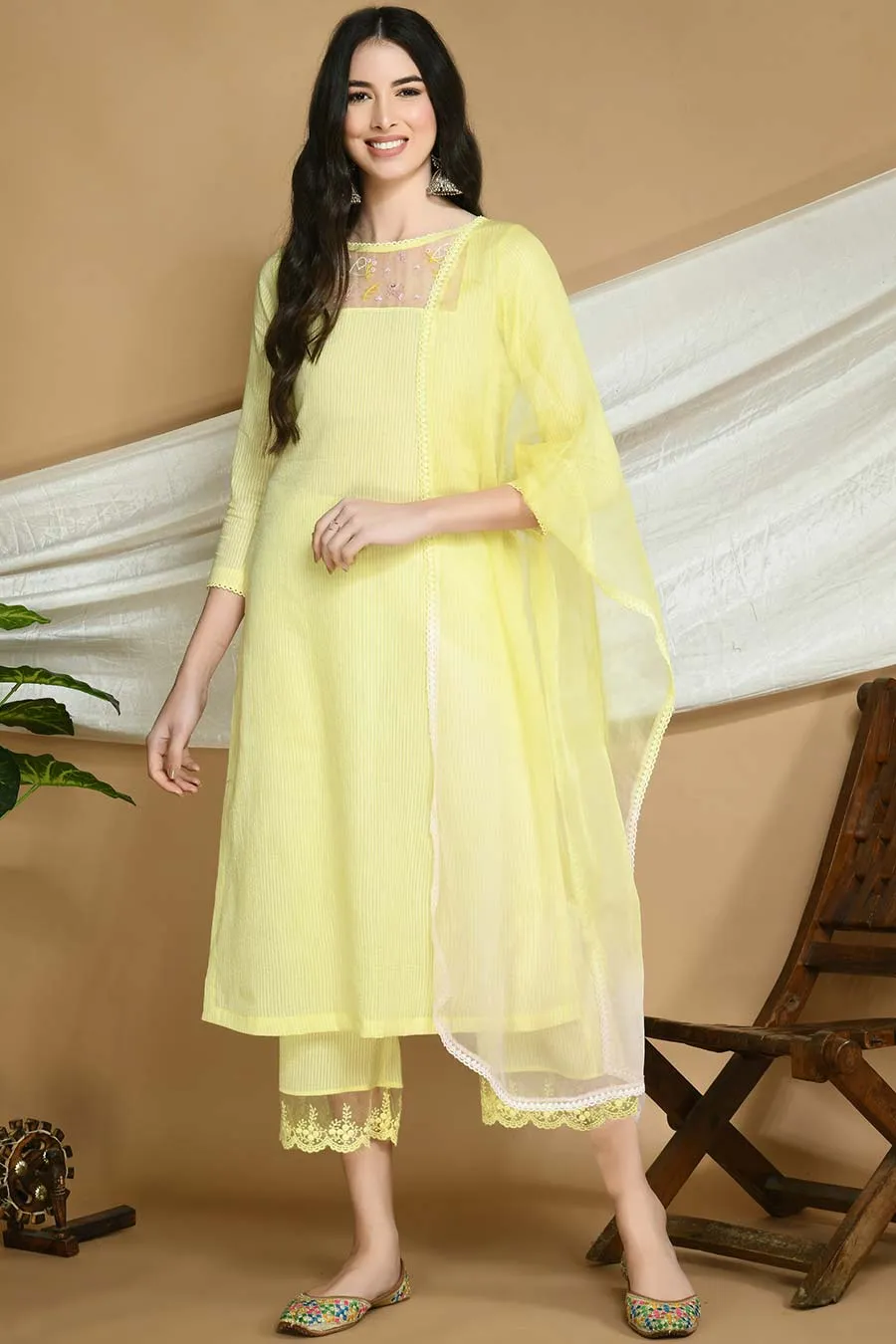 Yellow Striped Kurta Set with Organza Stole