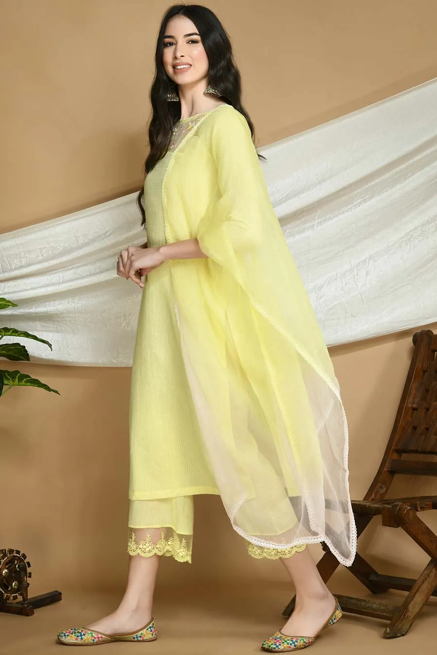 Yellow Striped Kurta Set with Organza Stole