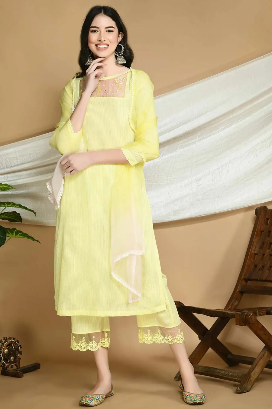 Yellow Striped Kurta Set with Organza Stole