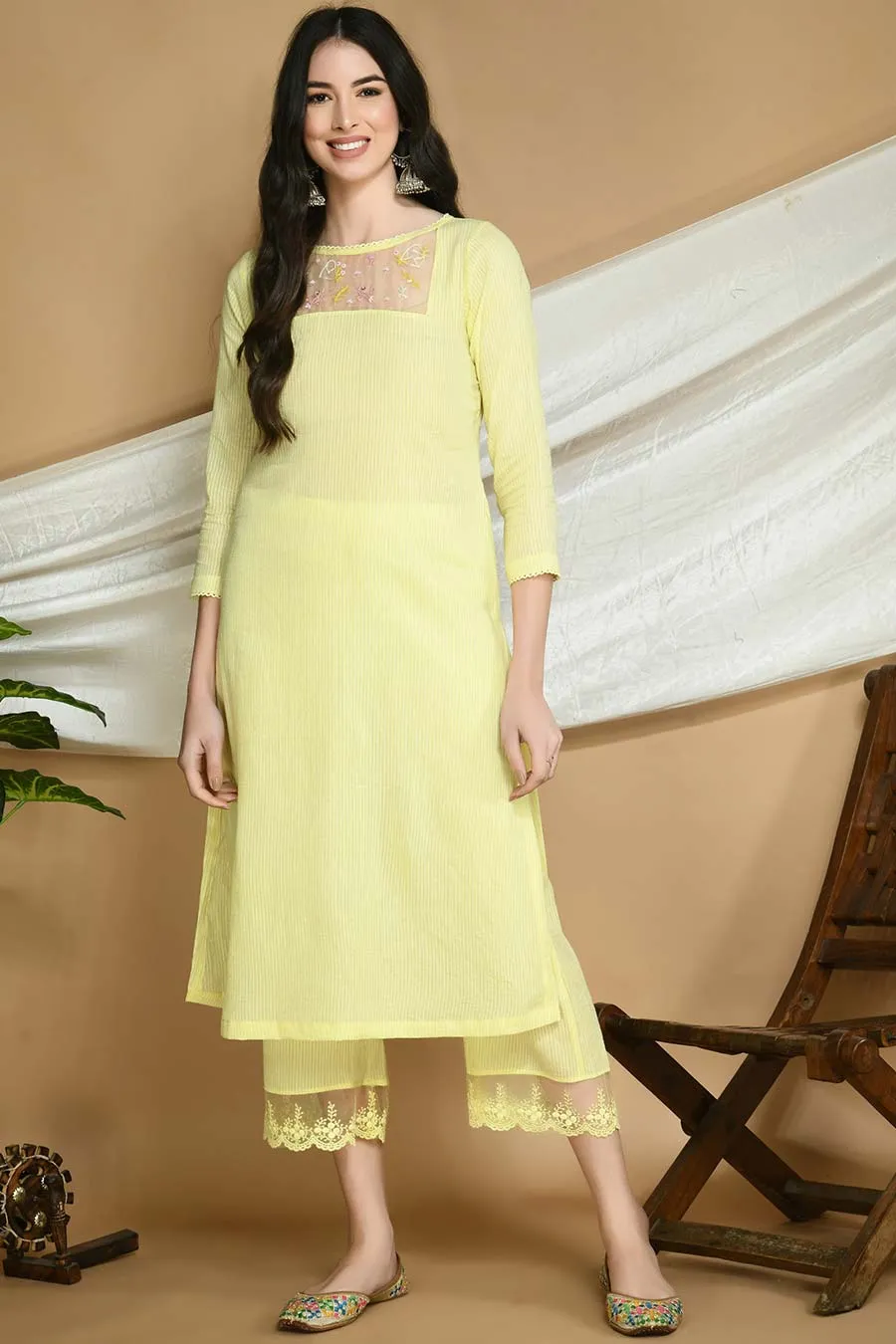 Yellow Striped Kurta Set with Organza Stole