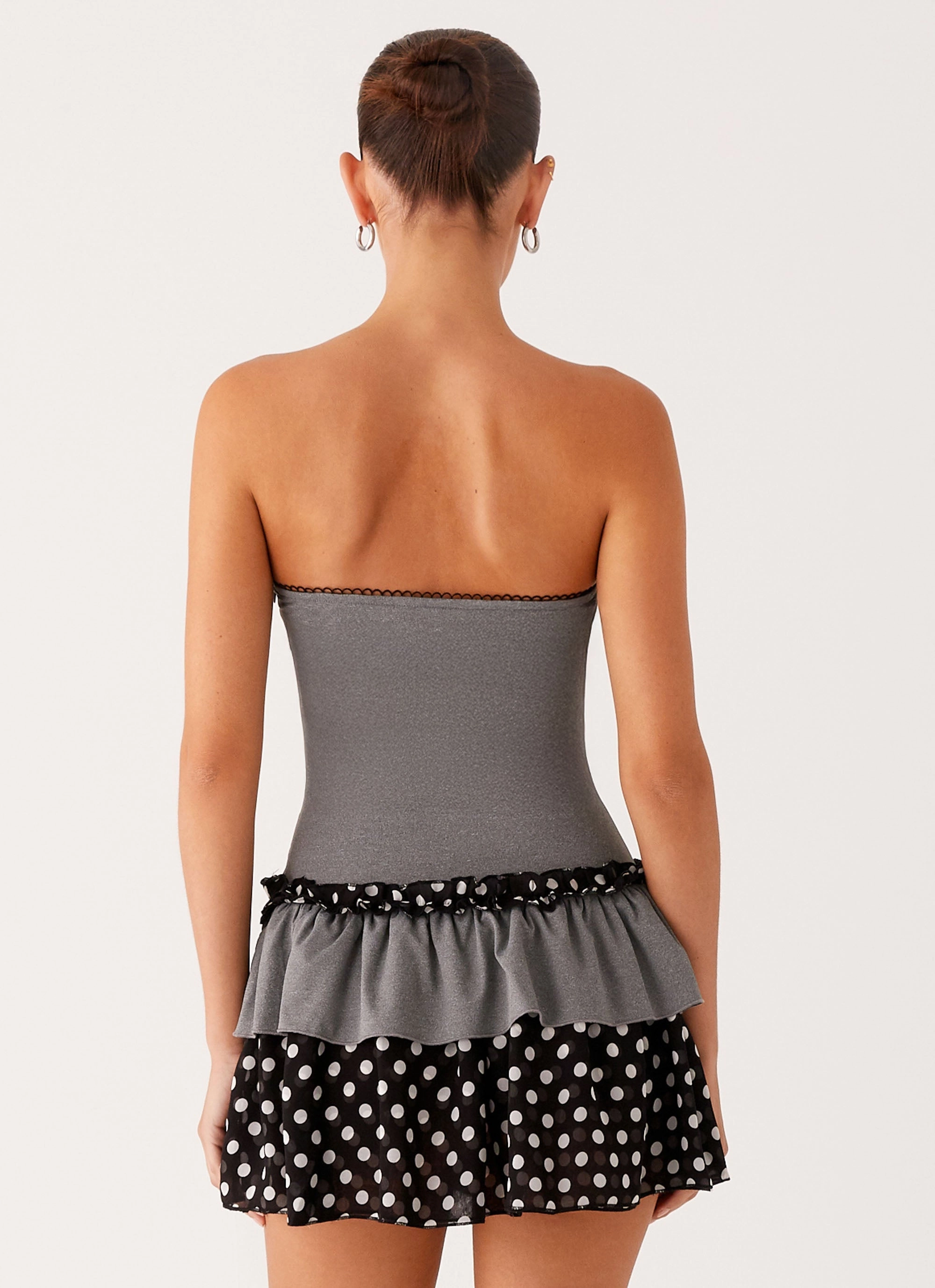 Effortless Tailoring Yerin Strapless Frill Mini Dress - Grey Polkadot