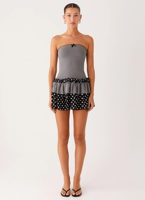 Tailored Waistband Yerin Strapless Frill Mini Dress - Grey Polkadot