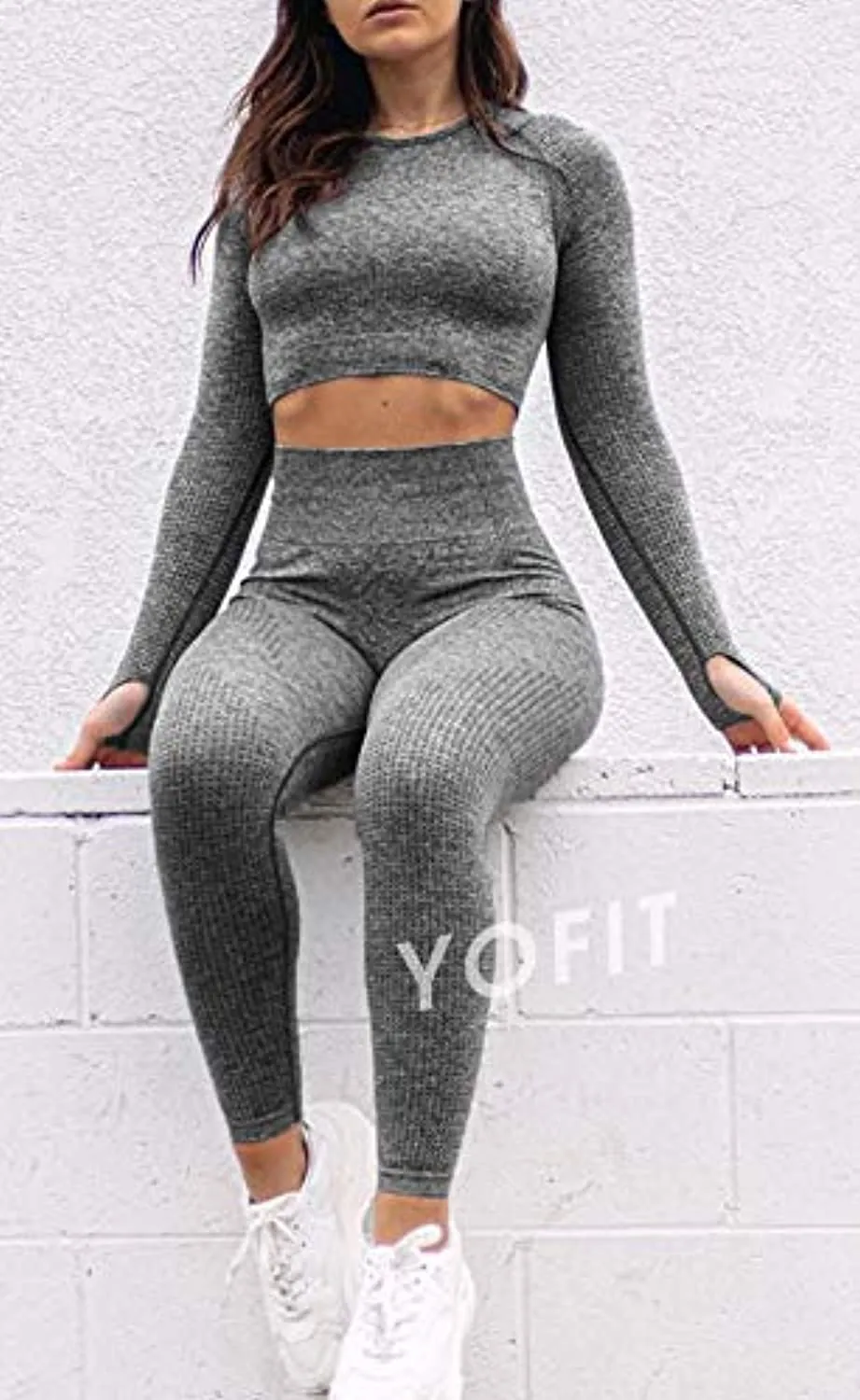 YOFIT Women's Workout Outfit 2 Pieces Seamless High Waist Yoga Leggings with Long Sleeve Crop Top Gym Clothes Set