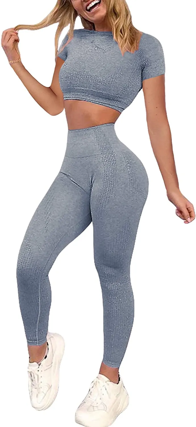 YOFIT Women's Workout Outfit 2 Pieces Seamless High Waist Yoga Leggings with Long Sleeve Crop Top Gym Clothes Set
