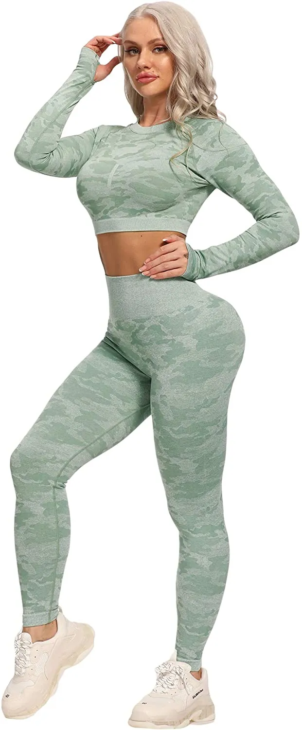 YOFIT Women's Workout Outfit 2 Pieces Seamless High Waist Yoga Leggings with Long Sleeve Crop Top Gym Clothes Set