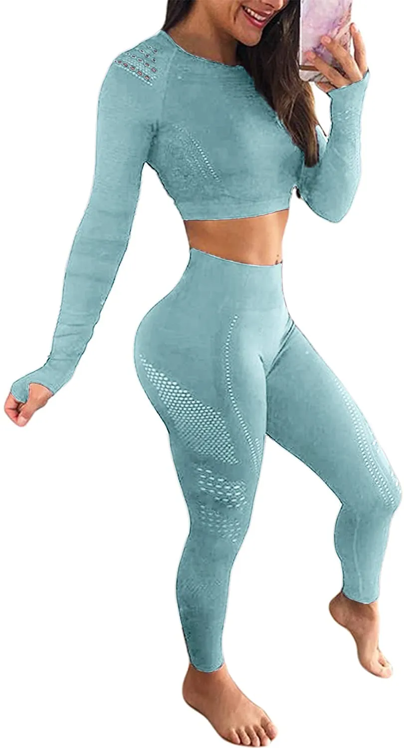 YOFIT Women's Workout Outfit 2 Pieces Seamless High Waist Yoga Leggings with Long Sleeve Crop Top Gym Clothes Set