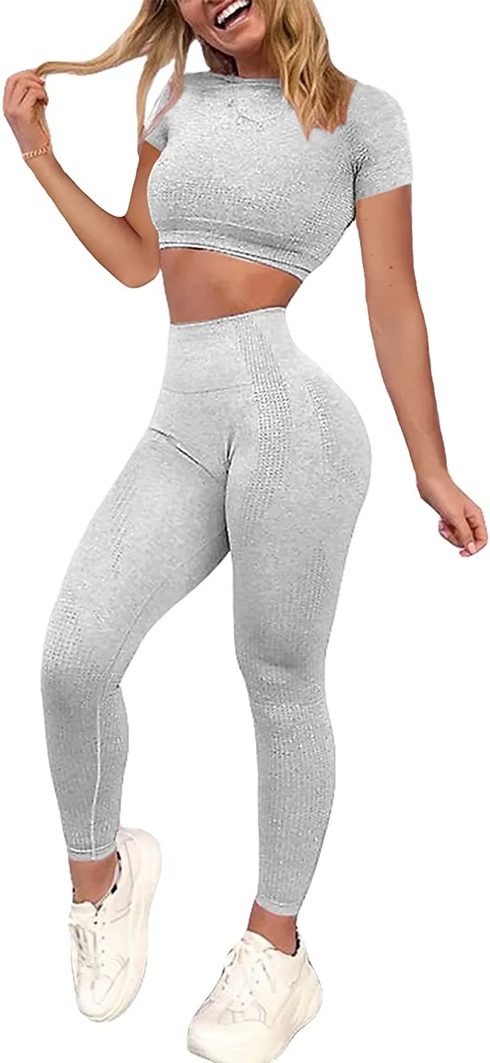 YOFIT Women's Workout Outfit 2 Pieces Seamless High Waist Yoga Leggings with Long Sleeve Crop Top Gym Clothes Set