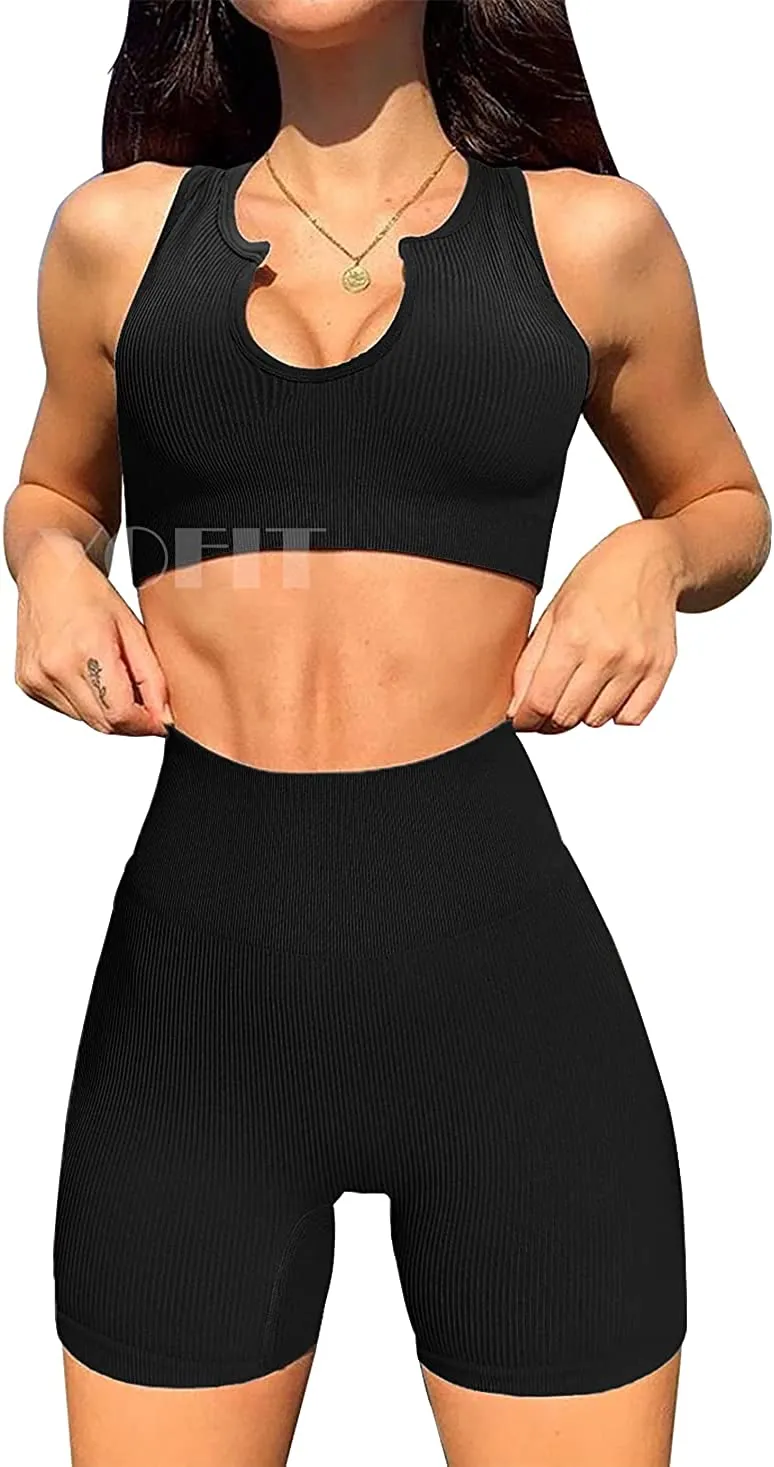 YOFIT Women's Workout Outfit 2 Pieces Seamless High Waist Yoga Leggings with Long Sleeve Crop Top Gym Clothes Set