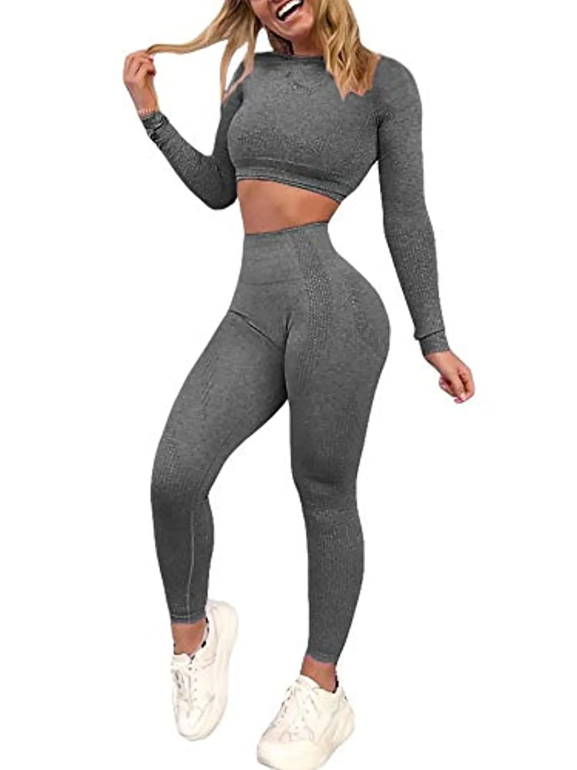 YOFIT Women's Workout Outfit 2 Pieces Seamless High Waist Yoga Leggings with Long Sleeve Crop Top Gym Clothes Set