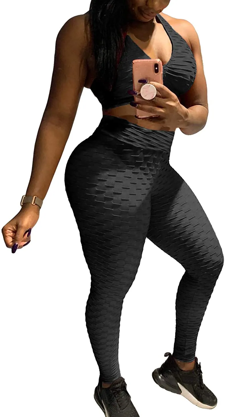 YOFIT Women's Workout Outfit 2 Pieces Seamless High Waist Yoga Leggings with Long Sleeve Crop Top Gym Clothes Set