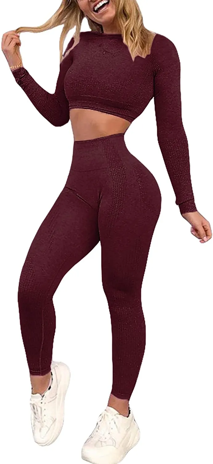 YOFIT Women's Workout Outfit 2 Pieces Seamless High Waist Yoga Leggings with Long Sleeve Crop Top Gym Clothes Set