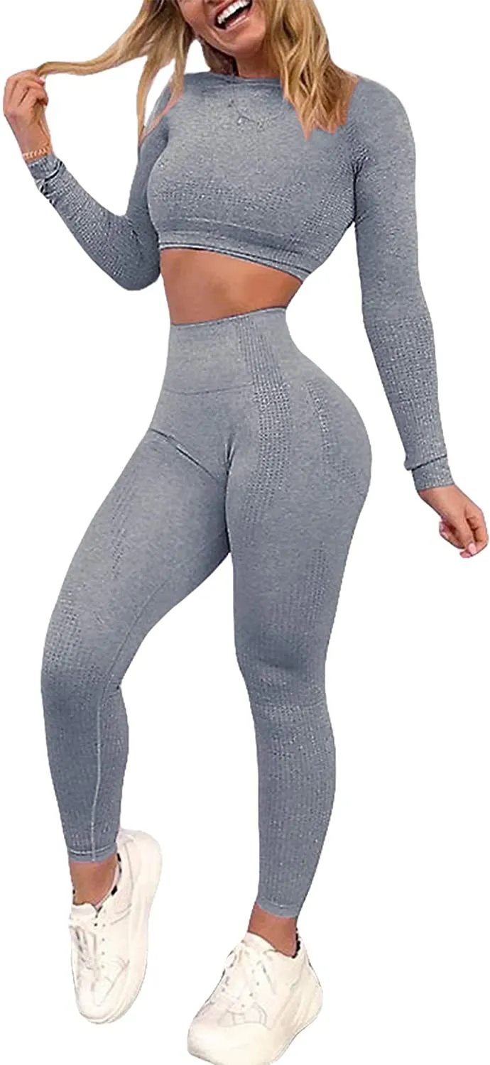 YOFIT Women's Workout Outfit 2 Pieces Seamless High Waist Yoga Leggings with Long Sleeve Crop Top Gym Clothes Set
