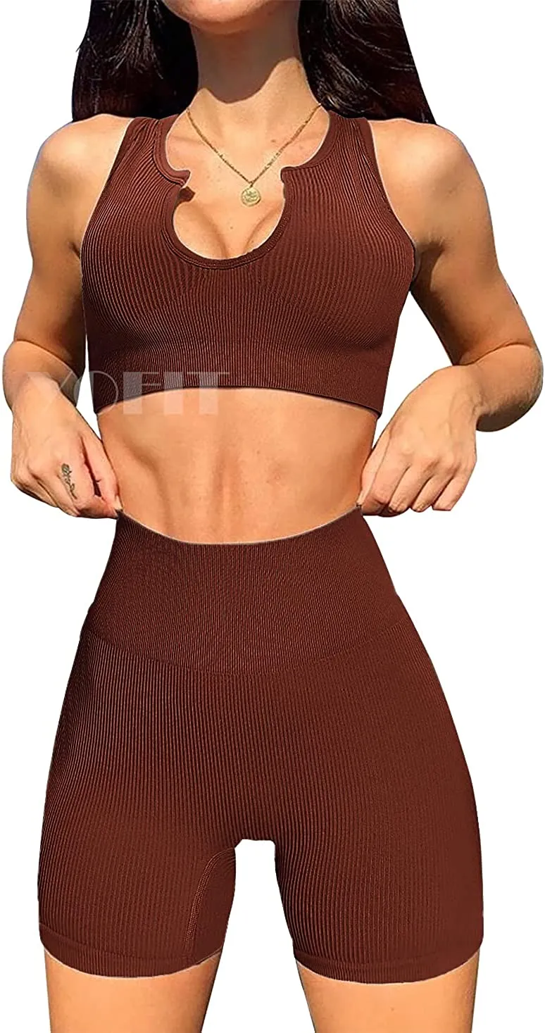 YOFIT Women's Workout Outfit 2 Pieces Seamless High Waist Yoga Leggings with Long Sleeve Crop Top Gym Clothes Set