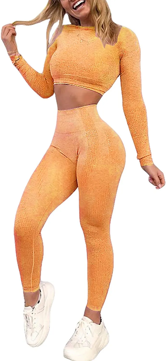 YOFIT Women's Workout Outfit 2 Pieces Seamless High Waist Yoga Leggings with Long Sleeve Crop Top Gym Clothes Set