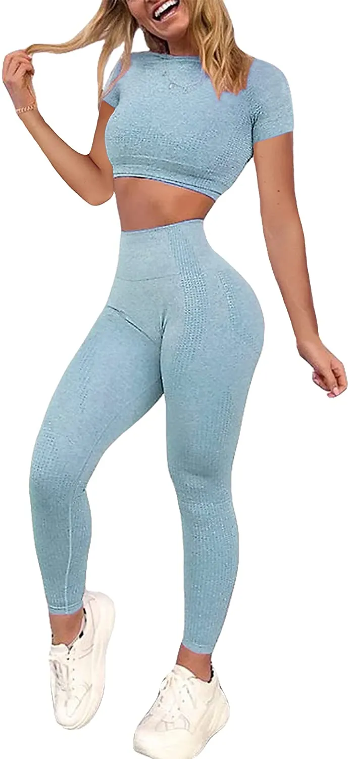 YOFIT Women's Workout Outfit 2 Pieces Seamless High Waist Yoga Leggings with Long Sleeve Crop Top Gym Clothes Set