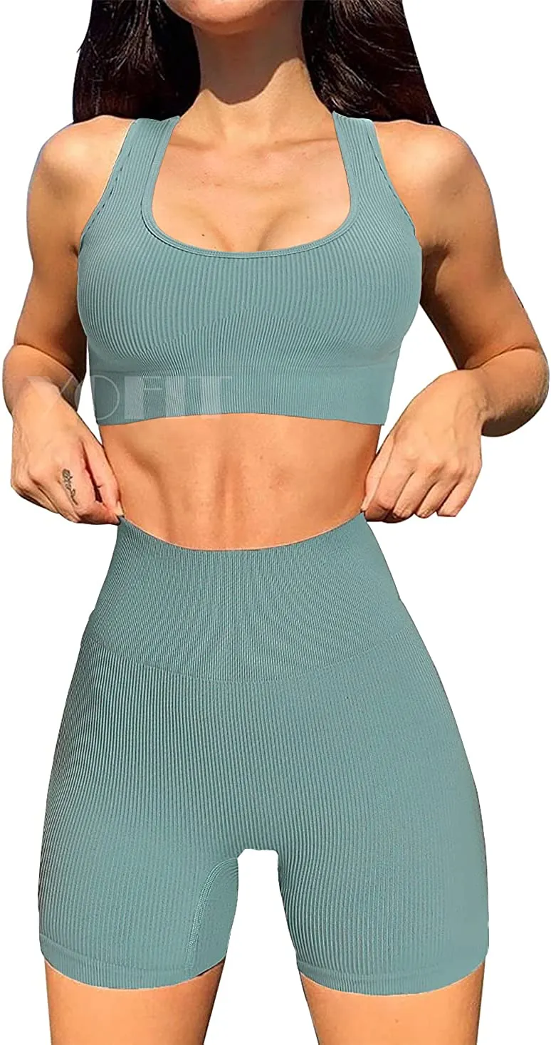 YOFIT Women's Workout Outfit 2 Pieces Seamless High Waist Yoga Leggings with Long Sleeve Crop Top Gym Clothes Set