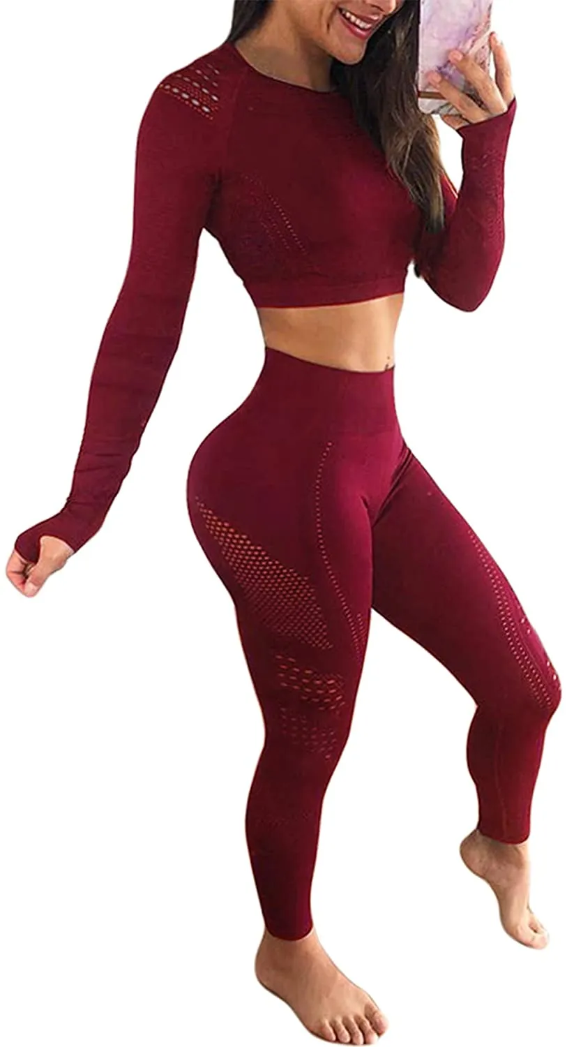YOFIT Women's Workout Outfit 2 Pieces Seamless High Waist Yoga Leggings with Long Sleeve Crop Top Gym Clothes Set