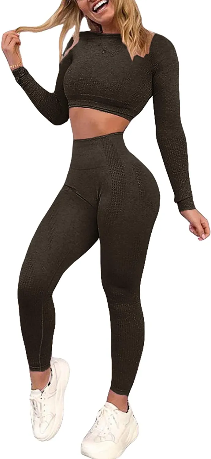 YOFIT Women's Workout Outfit 2 Pieces Seamless High Waist Yoga Leggings with Long Sleeve Crop Top Gym Clothes Set