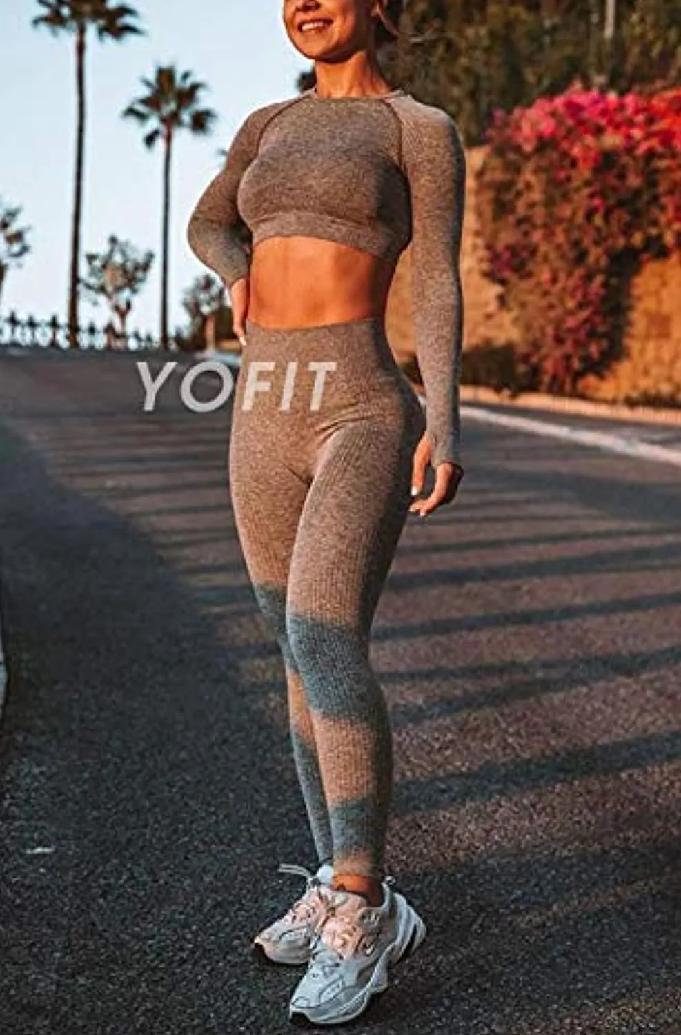 YOFIT Women's Workout Outfit 2 Pieces Seamless High Waist Yoga Leggings with Long Sleeve Crop Top Gym Clothes Set