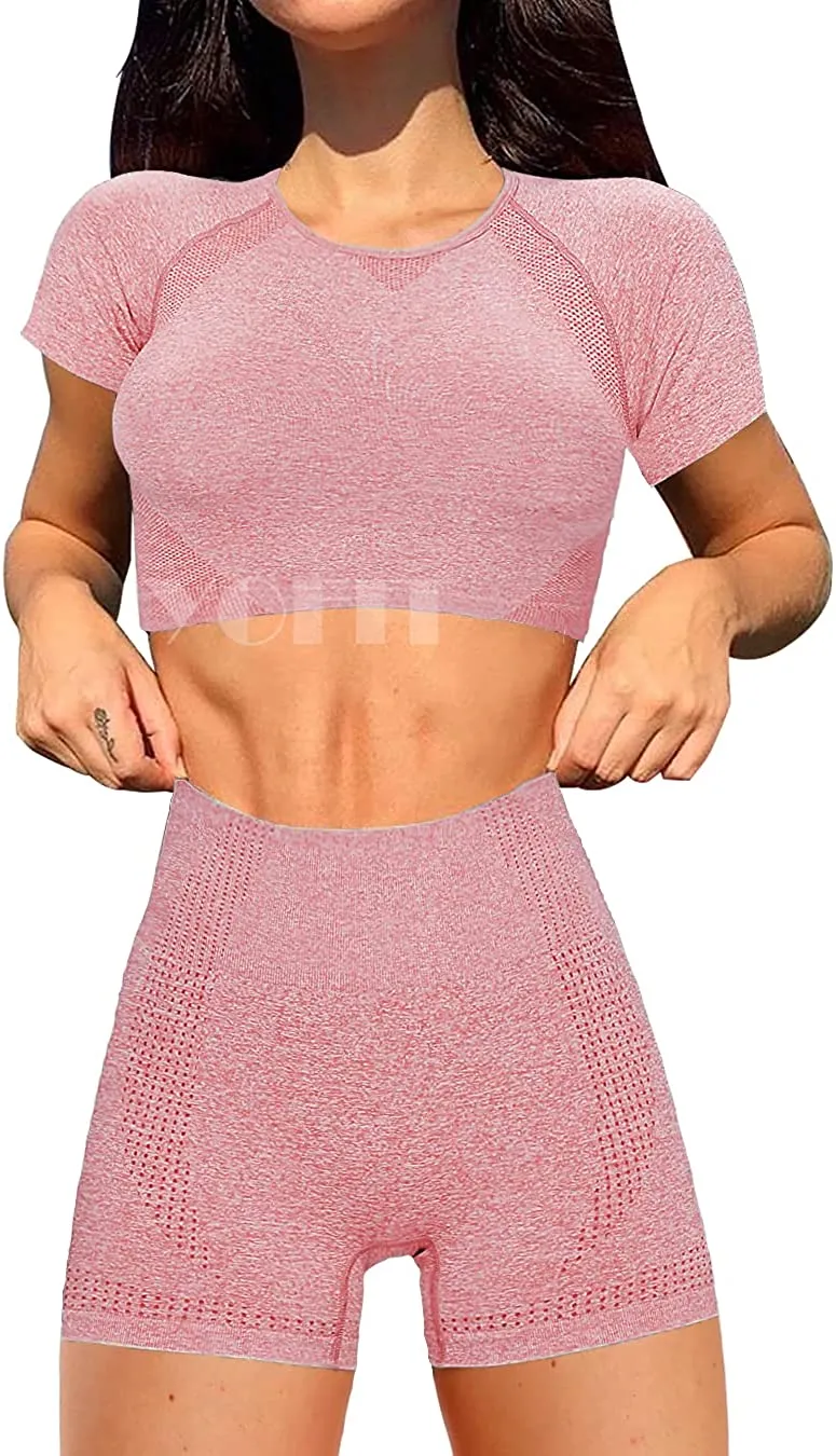 YOFIT Women's Workout Outfit 2 Pieces Seamless High Waist Yoga Leggings with Long Sleeve Crop Top Gym Clothes Set