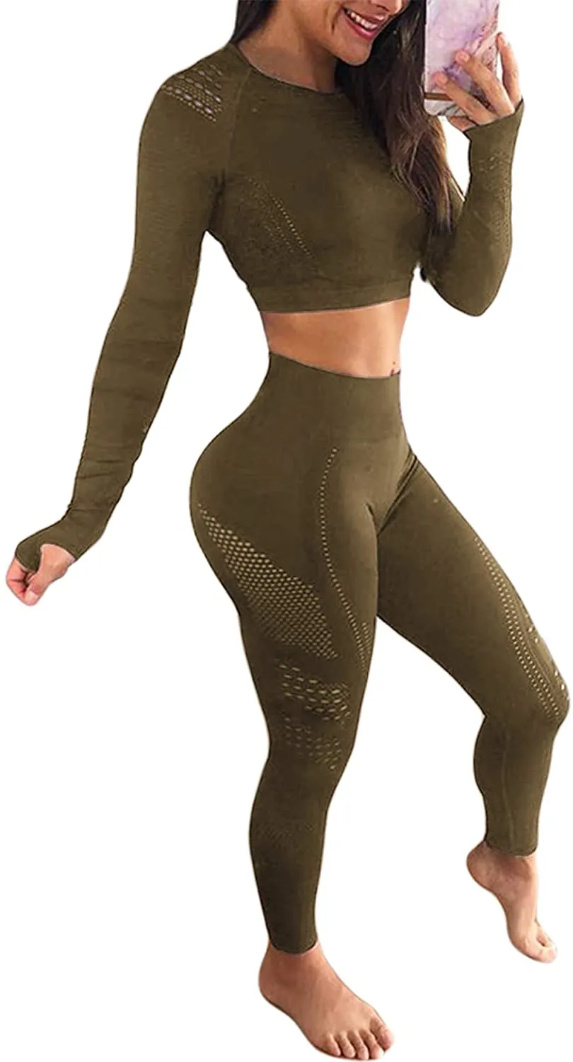 YOFIT Women's Workout Outfit 2 Pieces Seamless High Waist Yoga Leggings with Long Sleeve Crop Top Gym Clothes Set