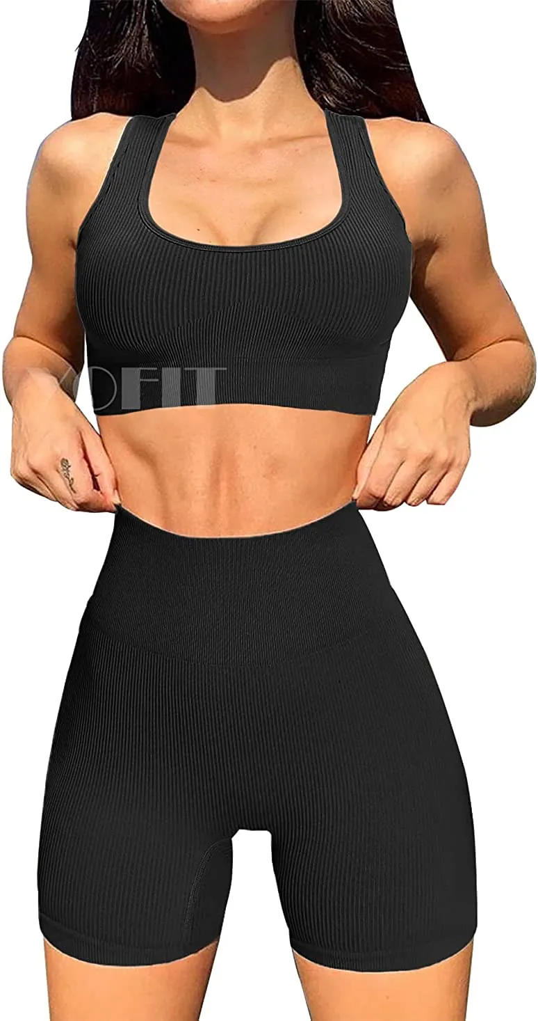 YOFIT Women's Workout Outfit 2 Pieces Seamless High Waist Yoga Leggings with Long Sleeve Crop Top Gym Clothes Set