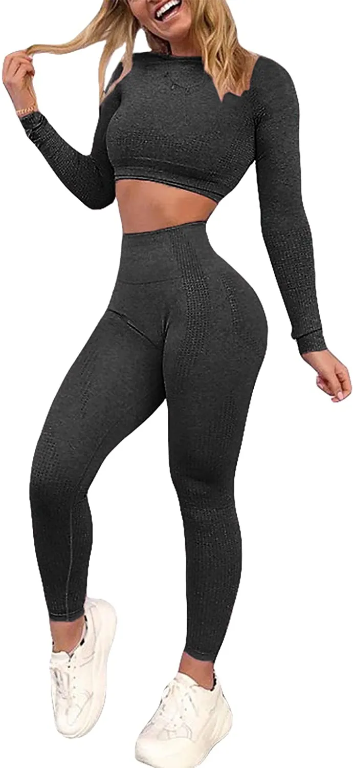 YOFIT Women's Workout Outfit 2 Pieces Seamless High Waist Yoga Leggings with Long Sleeve Crop Top Gym Clothes Set