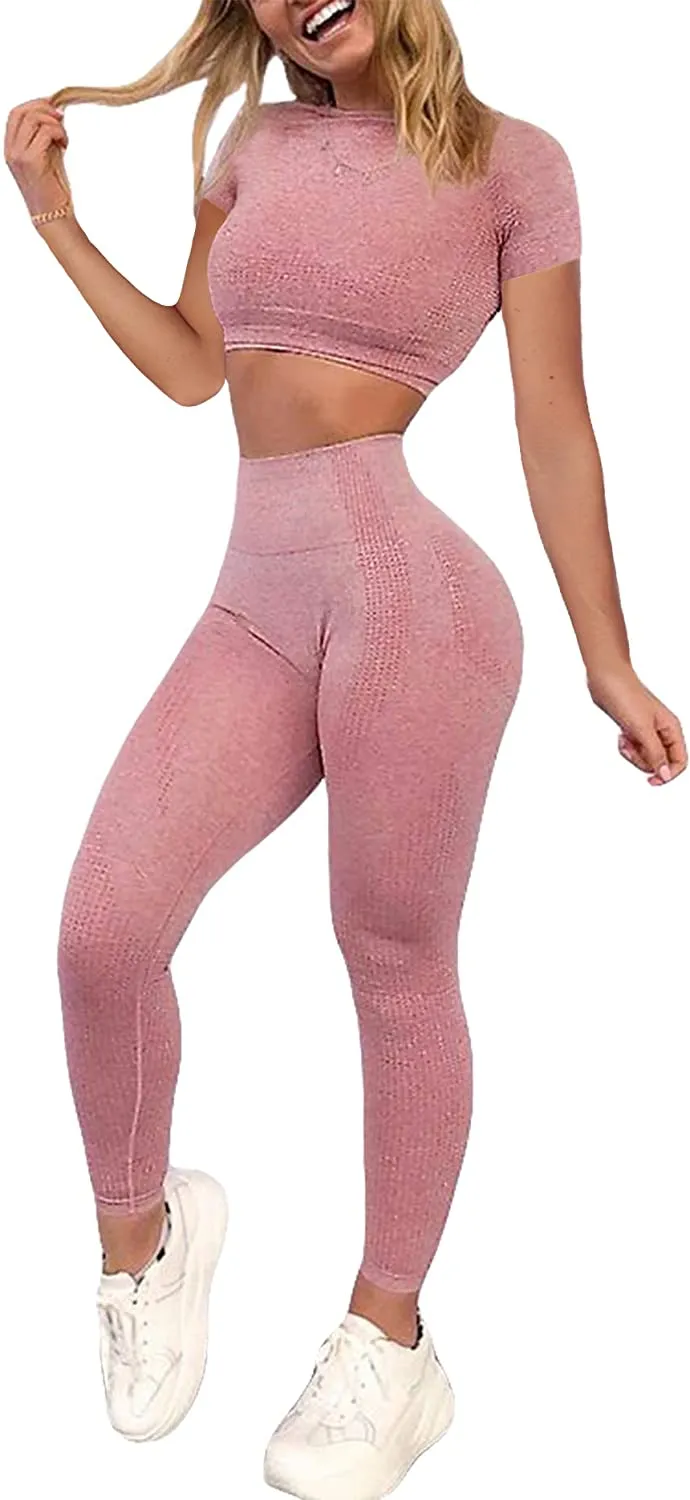 YOFIT Women's Workout Outfit 2 Pieces Seamless High Waist Yoga Leggings with Long Sleeve Crop Top Gym Clothes Set