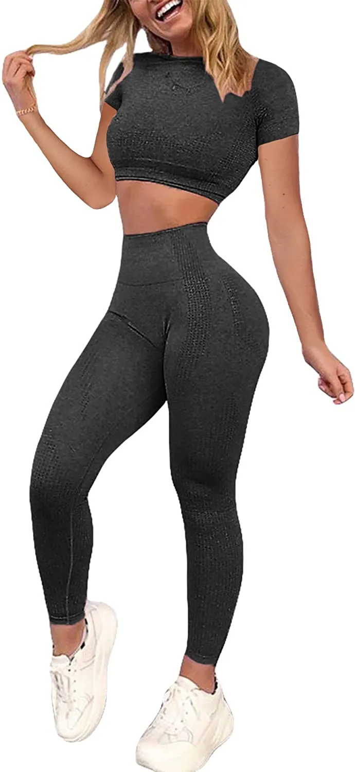 YOFIT Women's Workout Outfit 2 Pieces Seamless High Waist Yoga Leggings with Long Sleeve Crop Top Gym Clothes Set