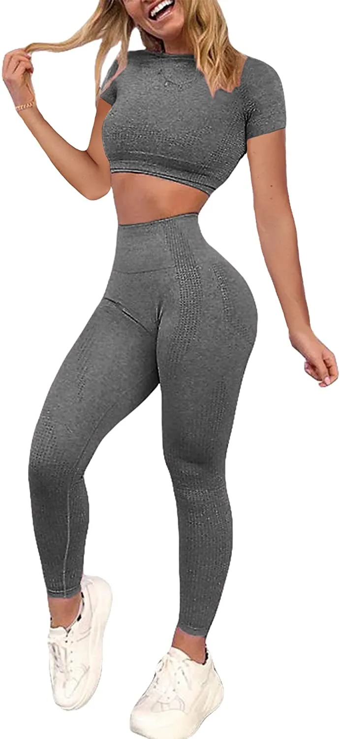 YOFIT Women's Workout Outfit 2 Pieces Seamless High Waist Yoga Leggings with Long Sleeve Crop Top Gym Clothes Set