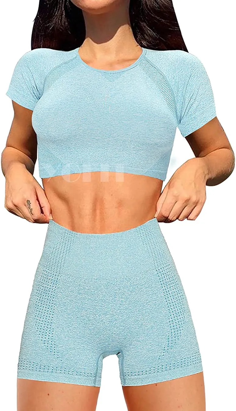 YOFIT Women's Workout Outfit 2 Pieces Seamless High Waist Yoga Leggings with Long Sleeve Crop Top Gym Clothes Set