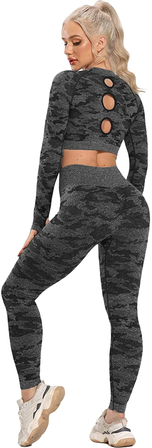 YOFIT Women's Workout Outfit 2 Pieces Seamless High Waist Yoga Leggings with Long Sleeve Crop Top Gym Clothes Set