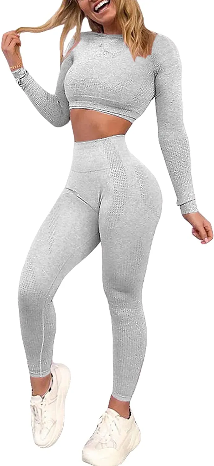 YOFIT Women's Workout Outfit 2 Pieces Seamless High Waist Yoga Leggings with Long Sleeve Crop Top Gym Clothes Set