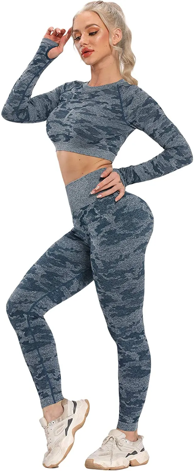 YOFIT Women's Workout Outfit 2 Pieces Seamless High Waist Yoga Leggings with Long Sleeve Crop Top Gym Clothes Set