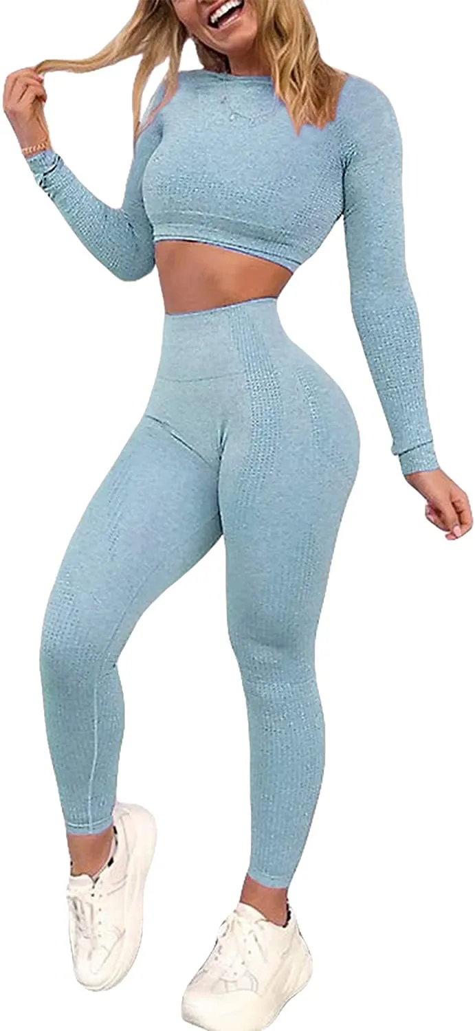 YOFIT Women's Workout Outfit 2 Pieces Seamless High Waist Yoga Leggings with Long Sleeve Crop Top Gym Clothes Set