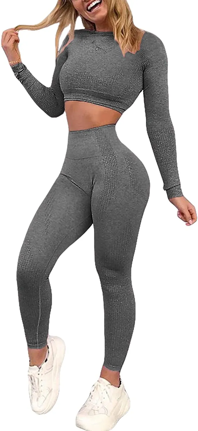 YOFIT Women's Workout Outfit 2 Pieces Seamless High Waist Yoga Leggings with Long Sleeve Crop Top Gym Clothes Set