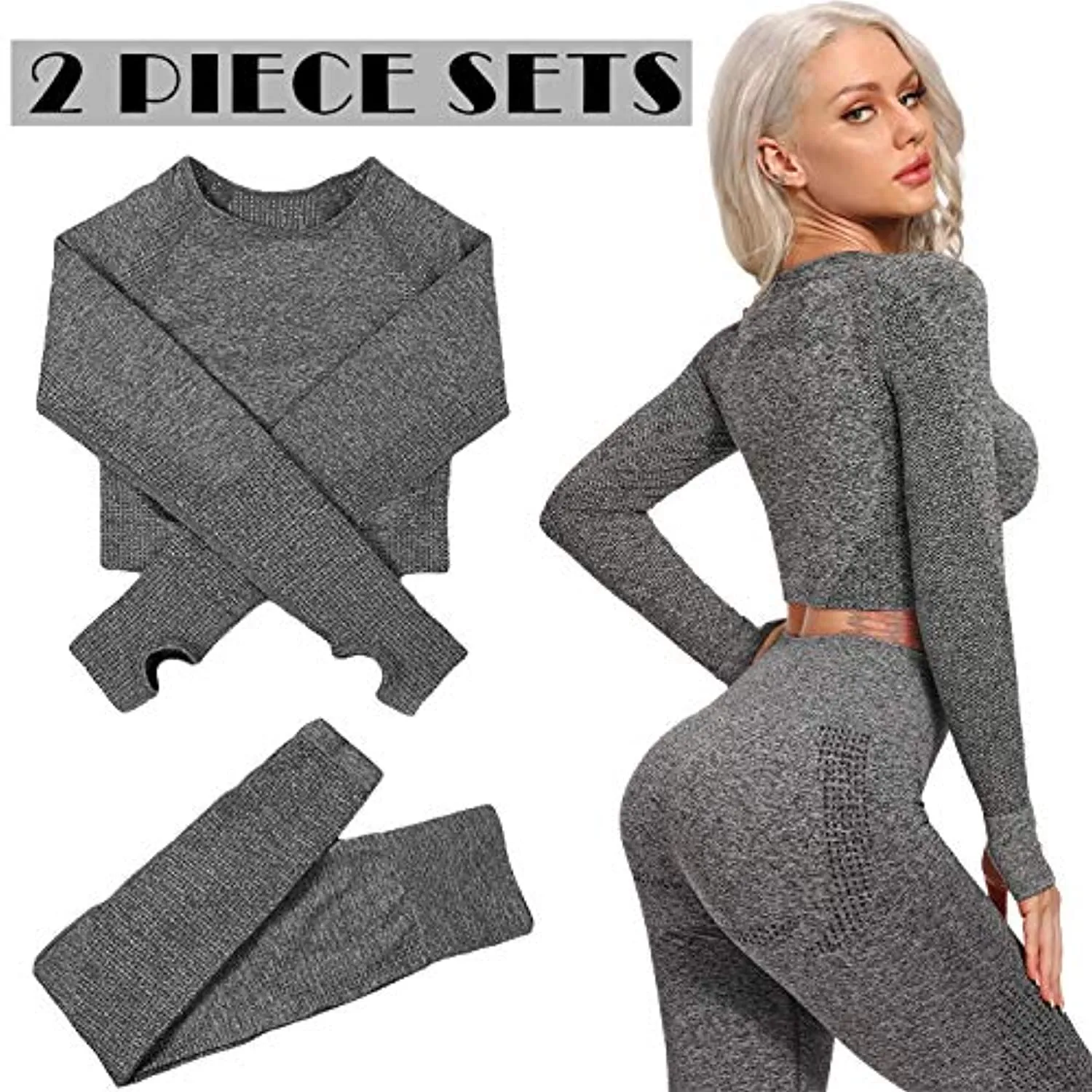 YOFIT Women's Workout Outfit 2 Pieces Seamless High Waist Yoga Leggings with Long Sleeve Crop Top Gym Clothes Set