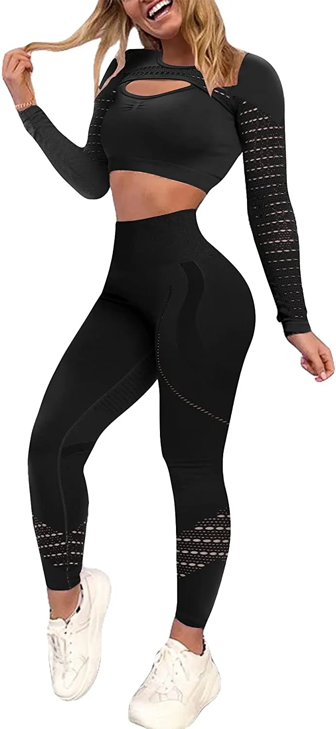 YOFIT Women's Workout Outfit 2 Pieces Seamless High Waist Yoga Leggings with Long Sleeve Crop Top Gym Clothes Set