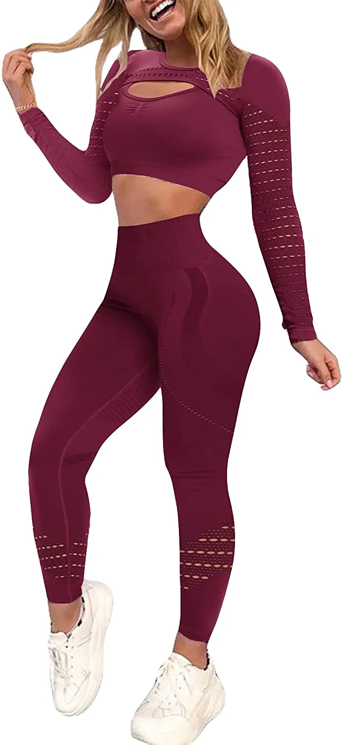 YOFIT Women's Workout Outfit 2 Pieces Seamless High Waist Yoga Leggings with Long Sleeve Crop Top Gym Clothes Set