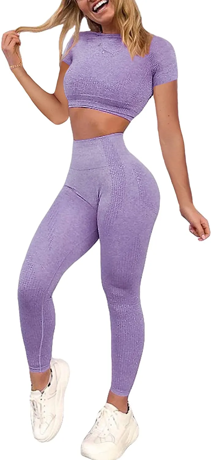 YOFIT Women's Workout Outfit 2 Pieces Seamless High Waist Yoga Leggings with Long Sleeve Crop Top Gym Clothes Set