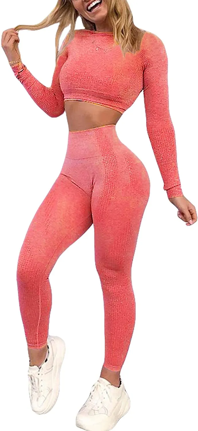 YOFIT Women's Workout Outfit 2 Pieces Seamless High Waist Yoga Leggings with Long Sleeve Crop Top Gym Clothes Set